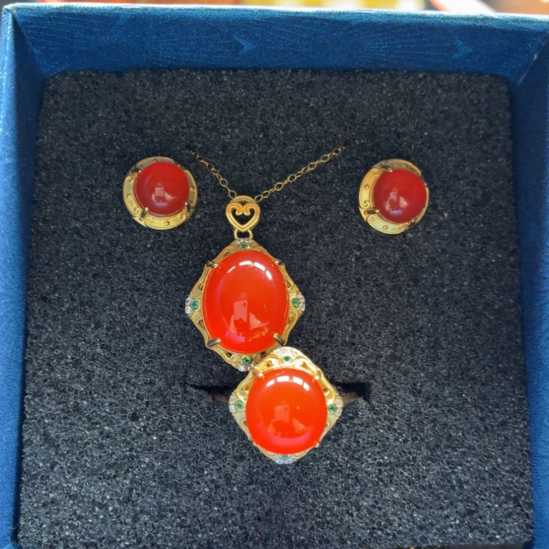 南红玛瑙银S925镶嵌三件套原矿保山南红小庄冰红三件套