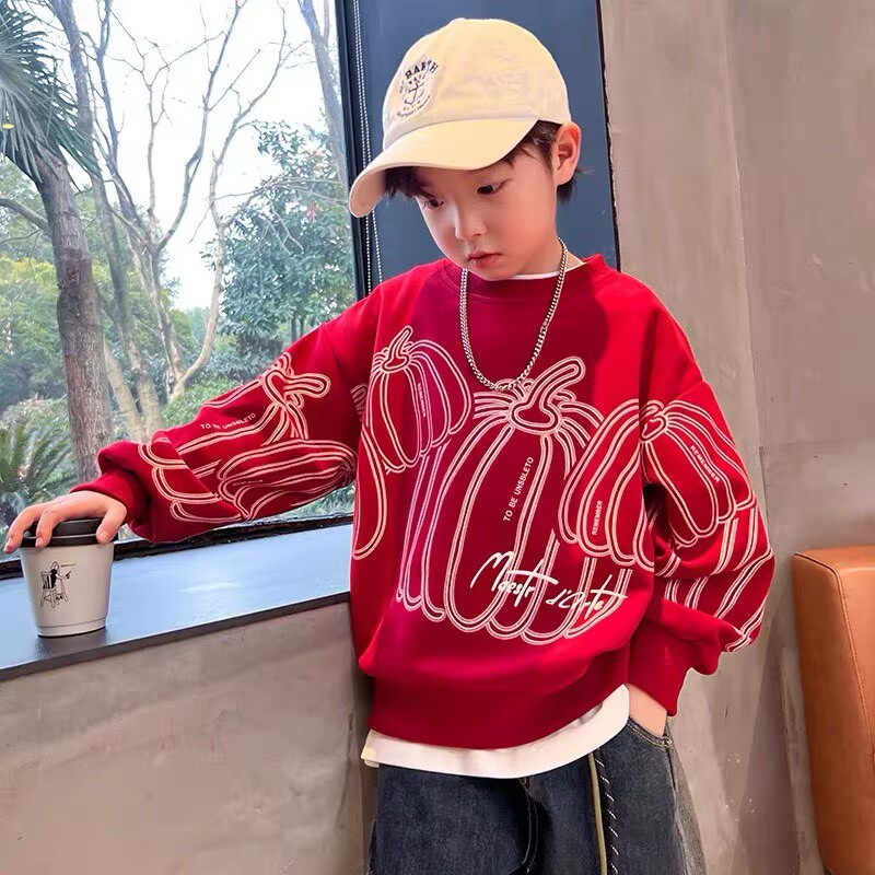 男童红色卫衣春秋款2025新款大童秋季衣服儿童秋装长袖上衣酷帅潮