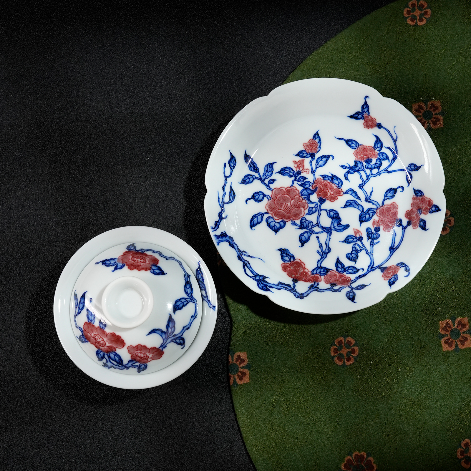 入云庐青花釉里红山茶花盖碗壶承景德镇纯手工手绘高端中式茶具