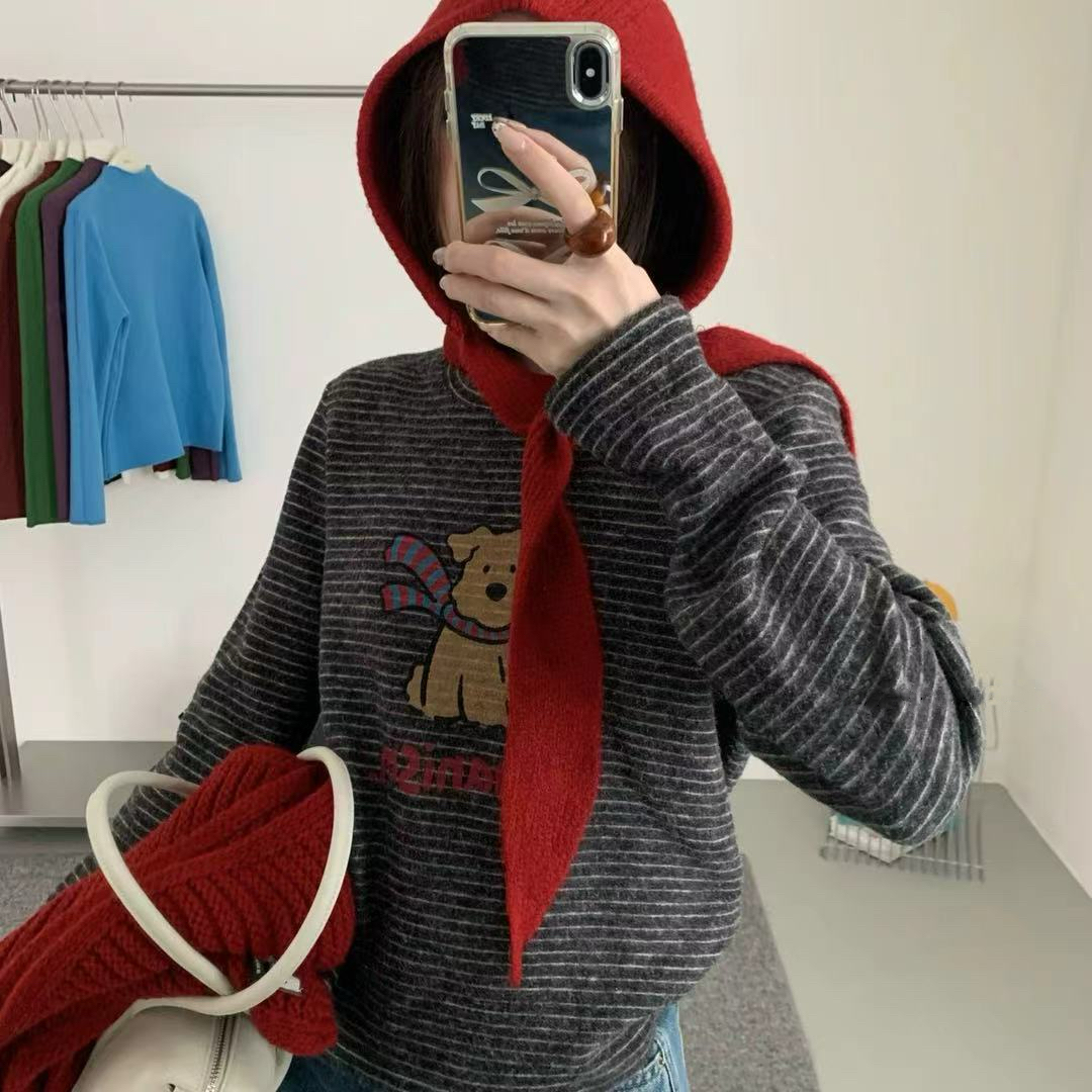 新款韩版简约卡通狗狗条纹长袖T恤T11350