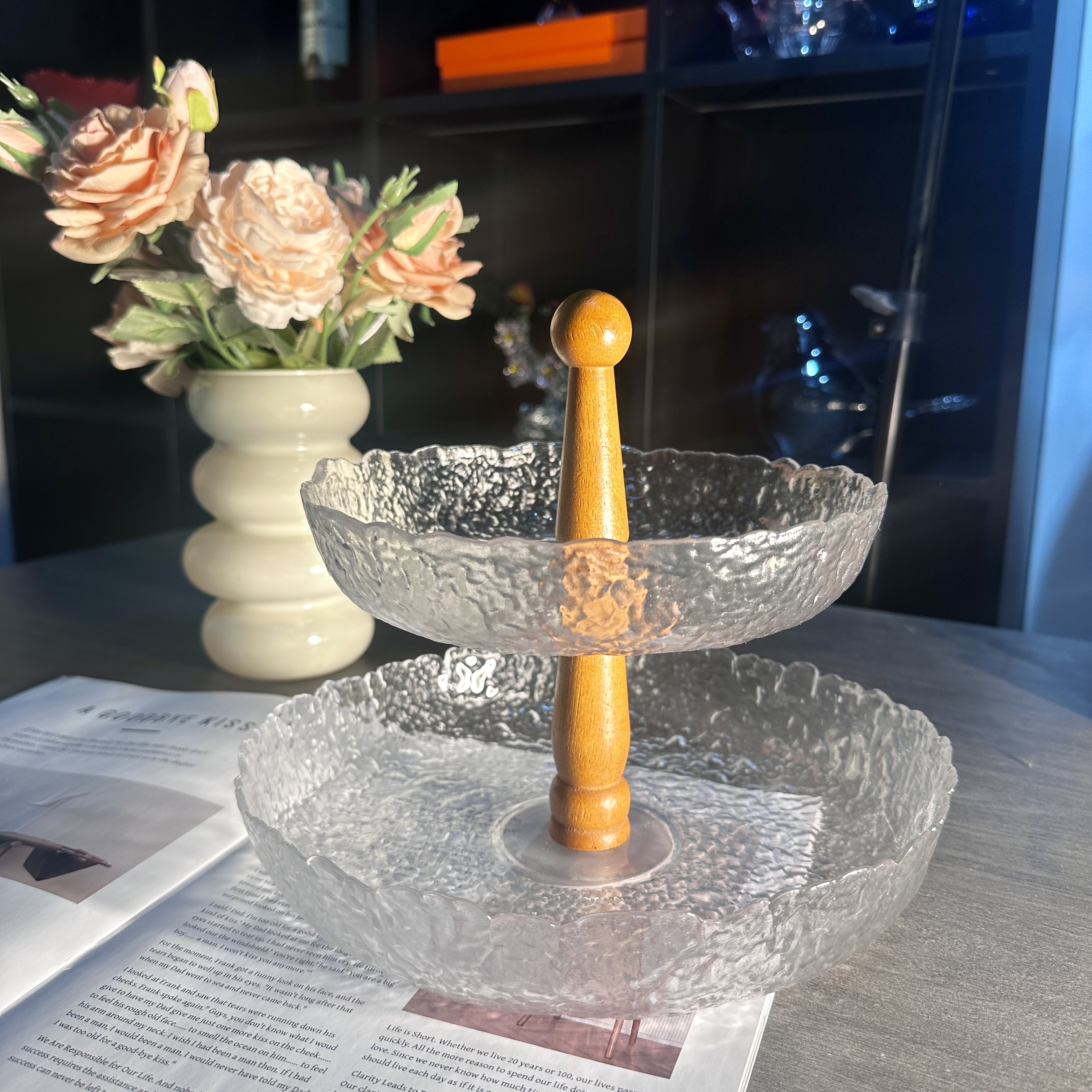 中古风冰纹/条纹双层玻璃水果盘复古创意家用