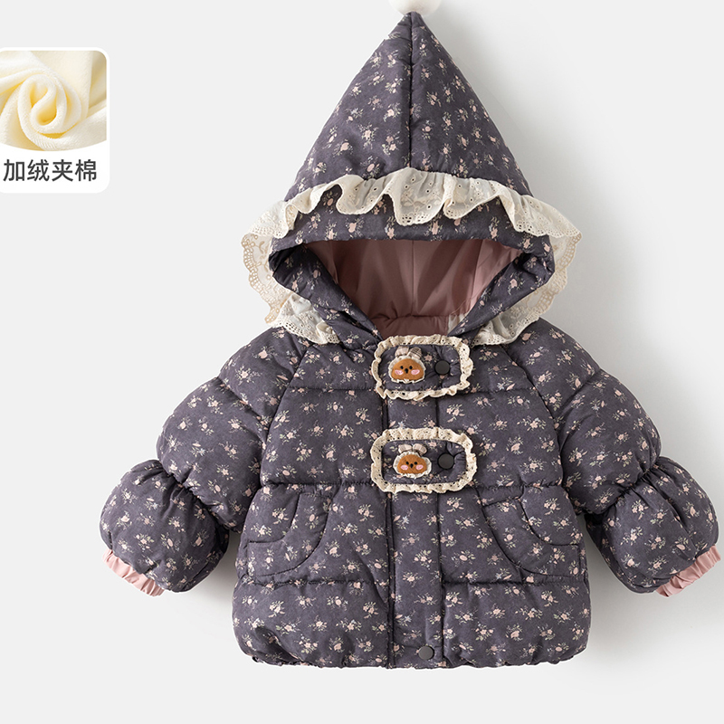 女宝宝冬季新款加绒加棉森系时尚洋气碎花棉服儿童蕾丝外套潮流