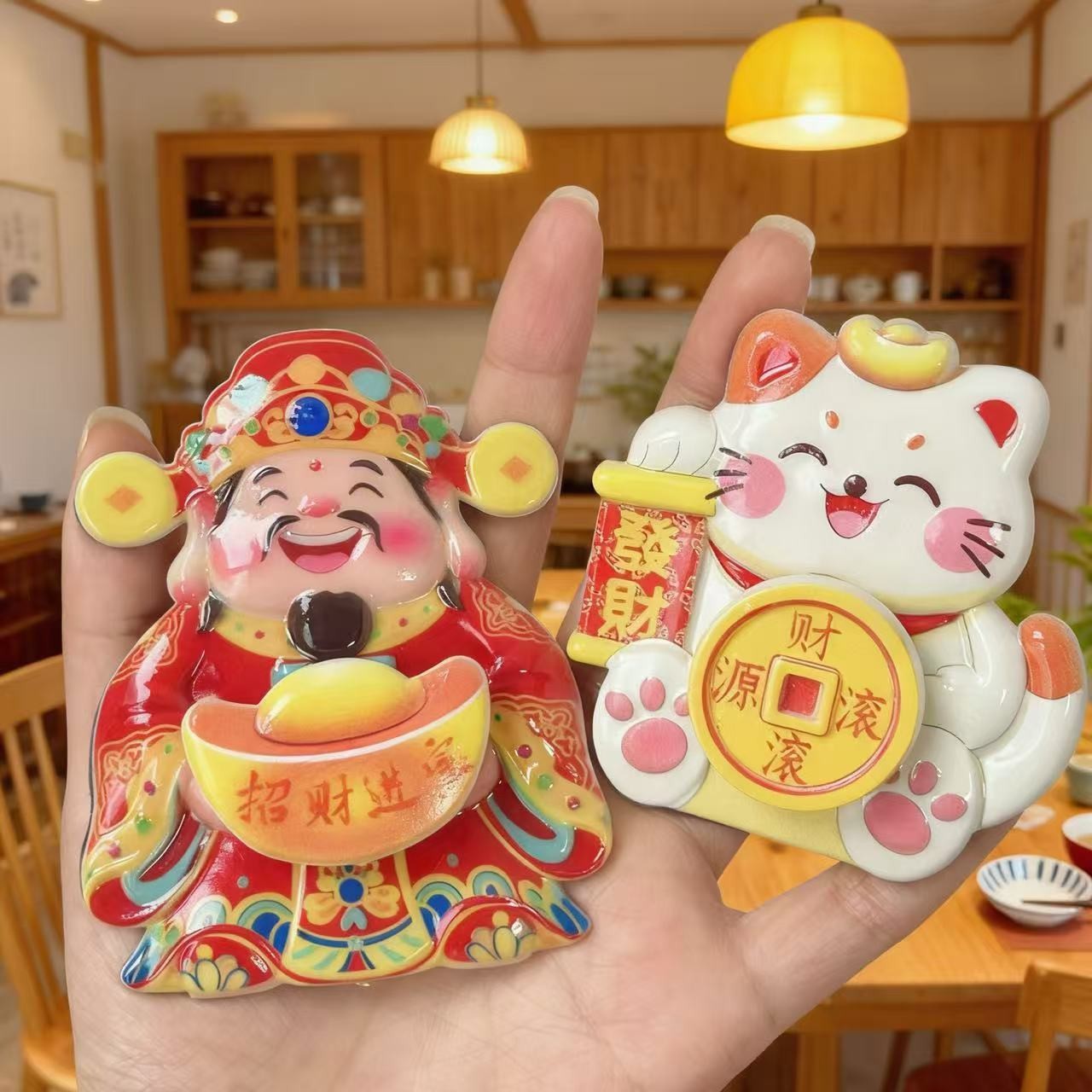 创意旋转招财猫财源滚滚磁吸摆件喜庆装饰贴