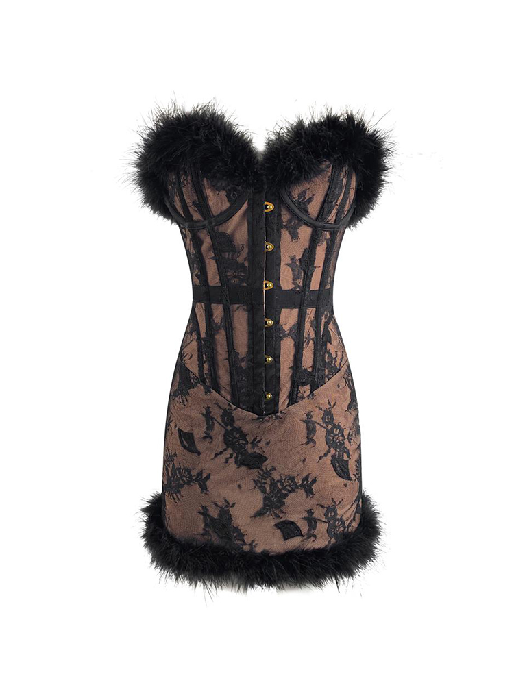 蕾丝束身连衣裙 复古抹胸性感修身显瘦派对礼服宫廷风短裙