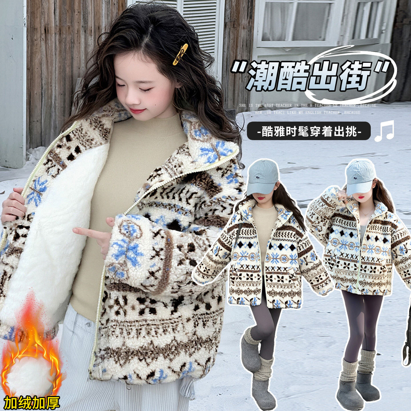 女童冬季颗粒羊羔毛费尔岛2025复古摇粒绒休闲女童冬装外套