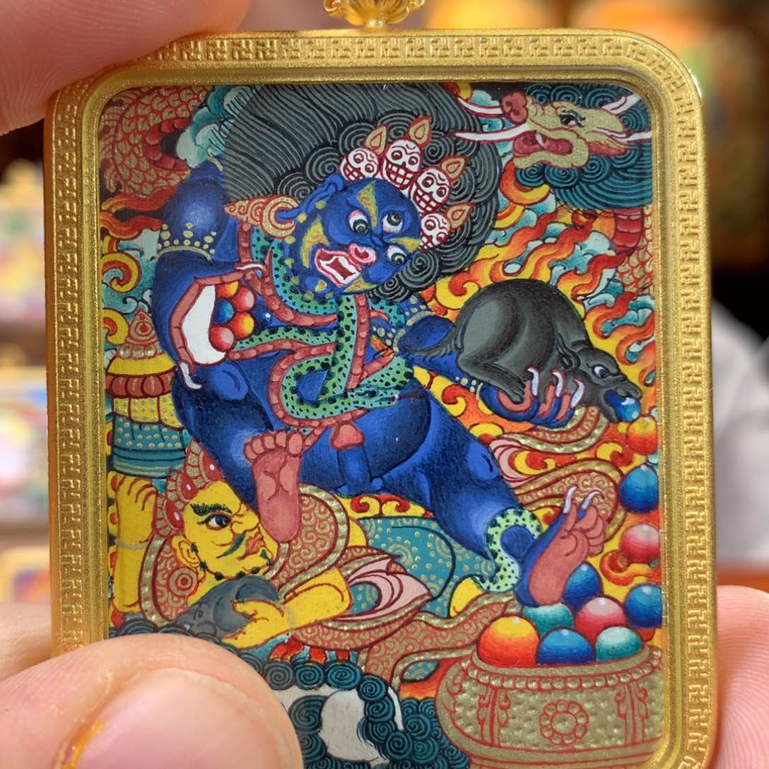 吊坠热贡纯手绘唐卡黑财神