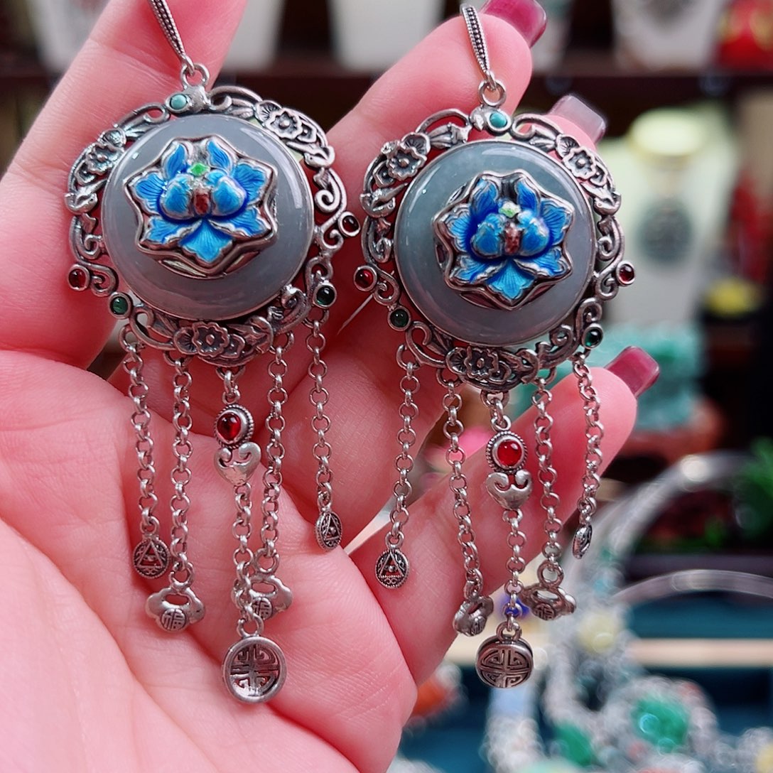 银S925镶嵌翡翠耳饰国风