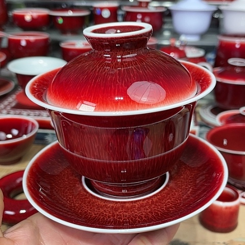 景德镇陶瓷红马坊盖碗