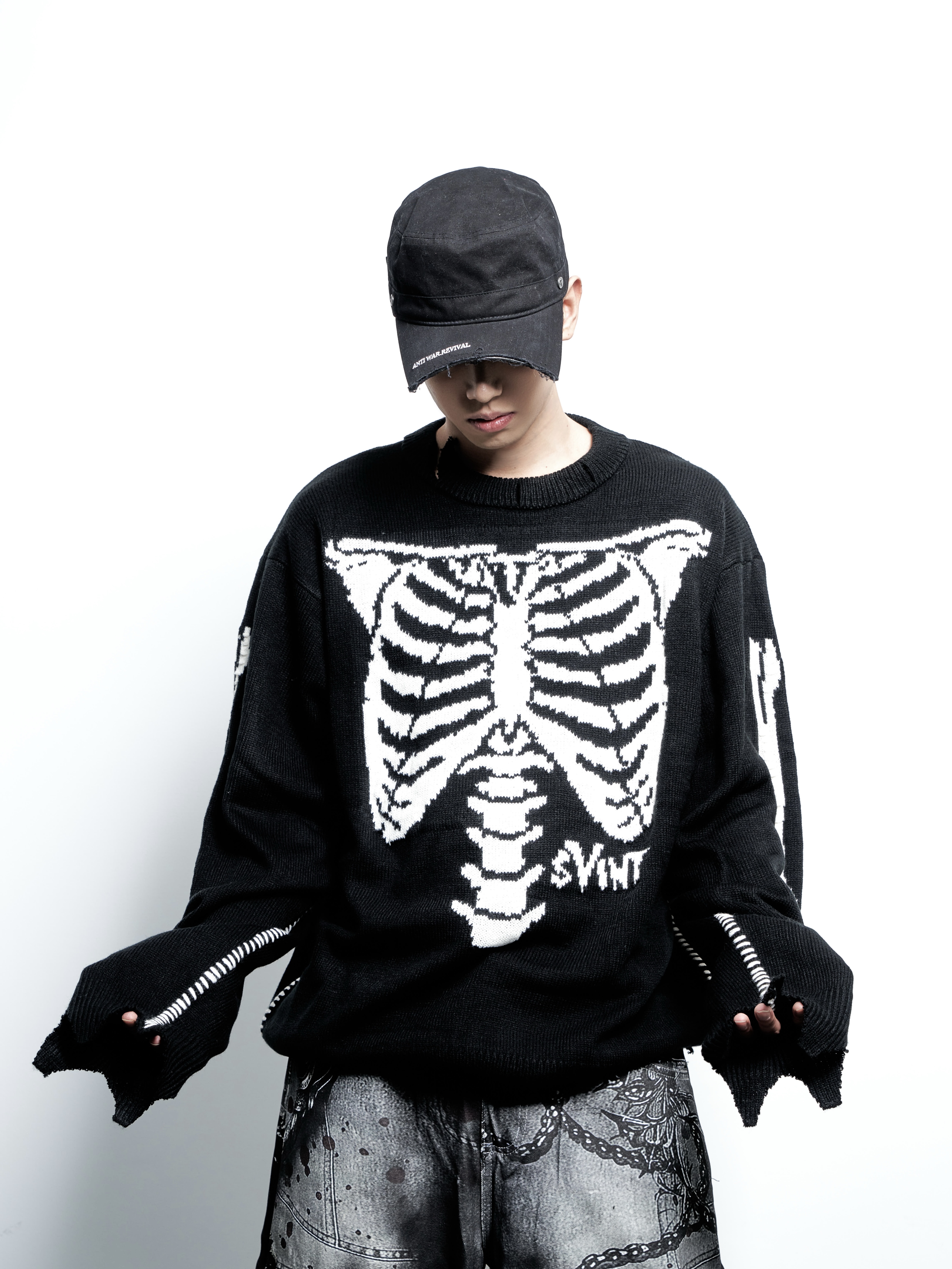 ASHDARK*Saint联名大V复古潮流骷髅骨头架破洞刀割破坏针织衫毛衣