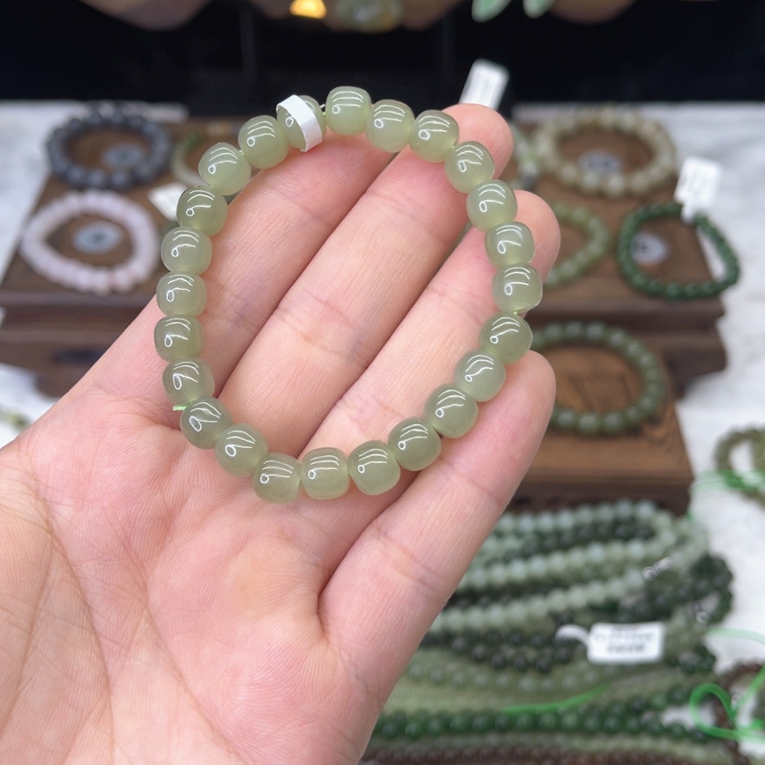 和田玉手串未镶嵌右高冰晴水老型珠卡8