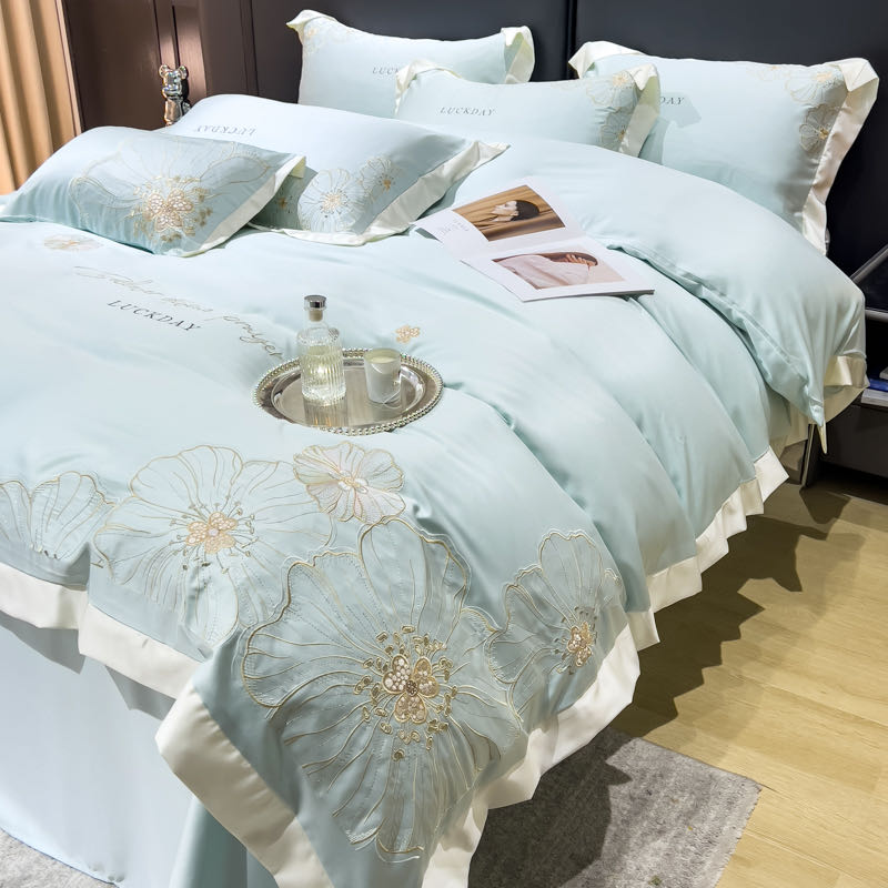 莫奈花园四件套刺绣宽边轻奢款床上用品