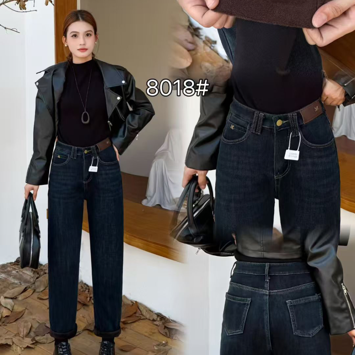 8018女牛仔裤冬加绒显瘦宽松微胖哈伦裤子