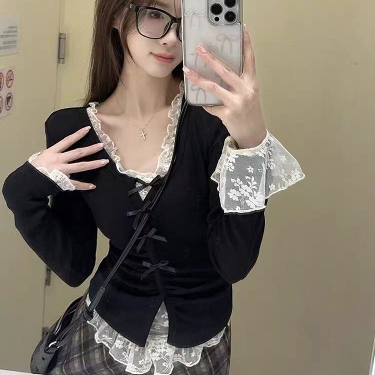 蕾丝撞色蝴蝶结长袖T恤女打底衫春秋新款修身显瘦内搭辣妹假俩件