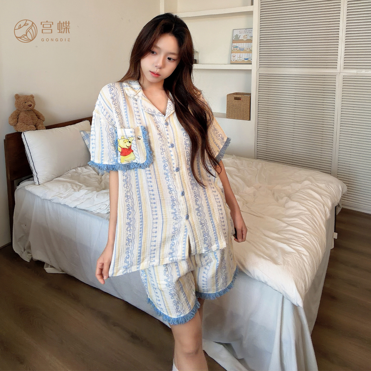 宫蝶【礼盒装】迪士尼维尼熊纯棉短袖睡衣少女卡通文艺风家居服夏
