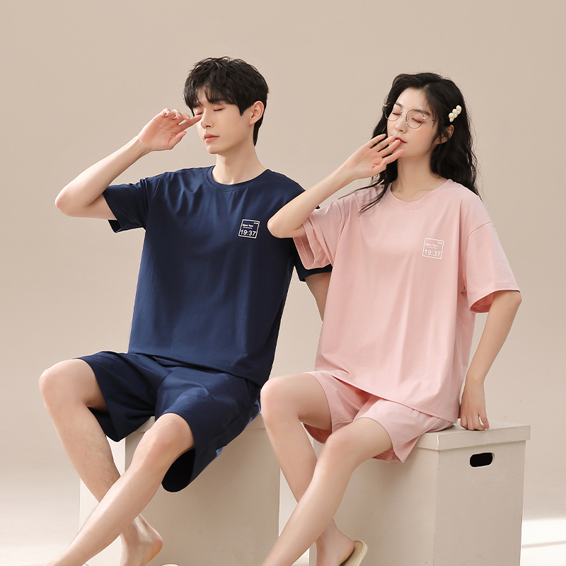 三枪夏季情侣棉欧若风睡衣男短袖短裤圆领宽松柔软女款家居服