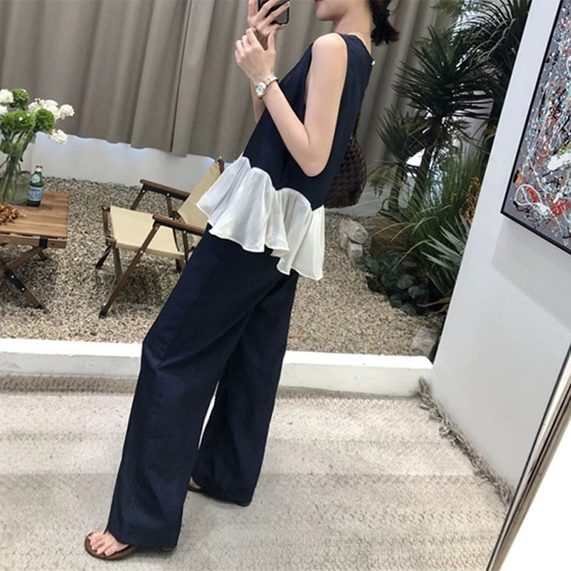 高级感铜氨丝人棉拼接蕾丝荷叶边背心+阔腿直筒裤洋气两件套装女