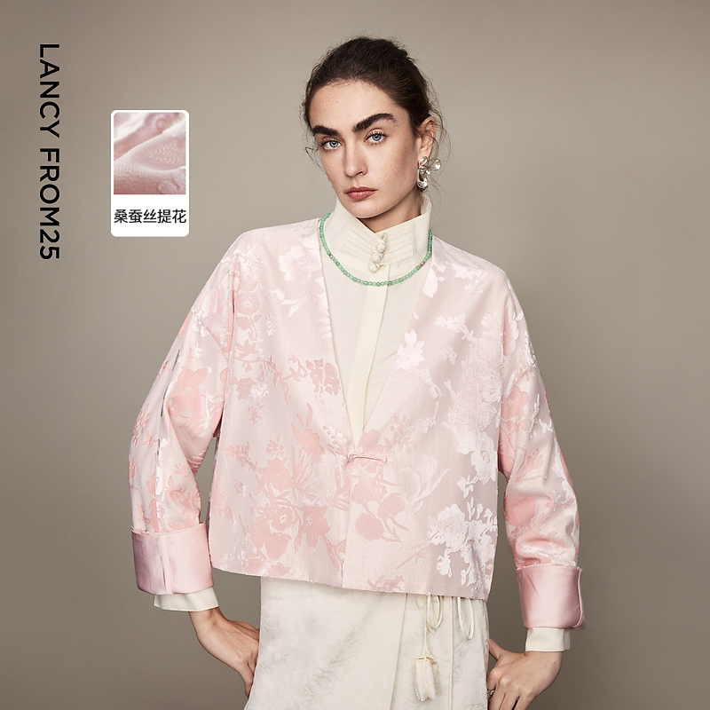 【兰亭叙】朗姿新中式国风桑蚕丝丝绒提花气质短外套2026年春季新款