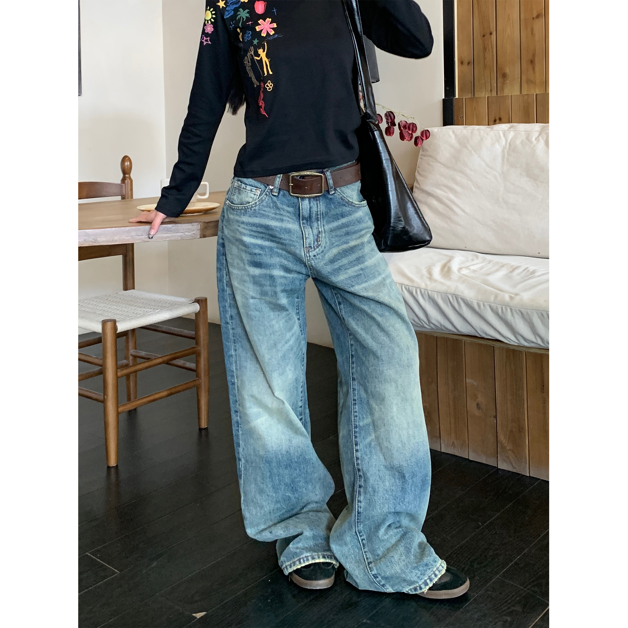 木子羊 美式cleanfit宽松直筒猫须纹牛仔裤男女阔腿直筒长裤子潮