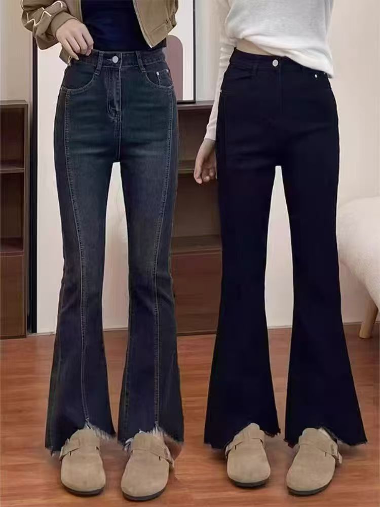 0120 珊珊家开叉毛边微喇牛仔裤女秋冬加绒加厚大码直筒喇叭长裤