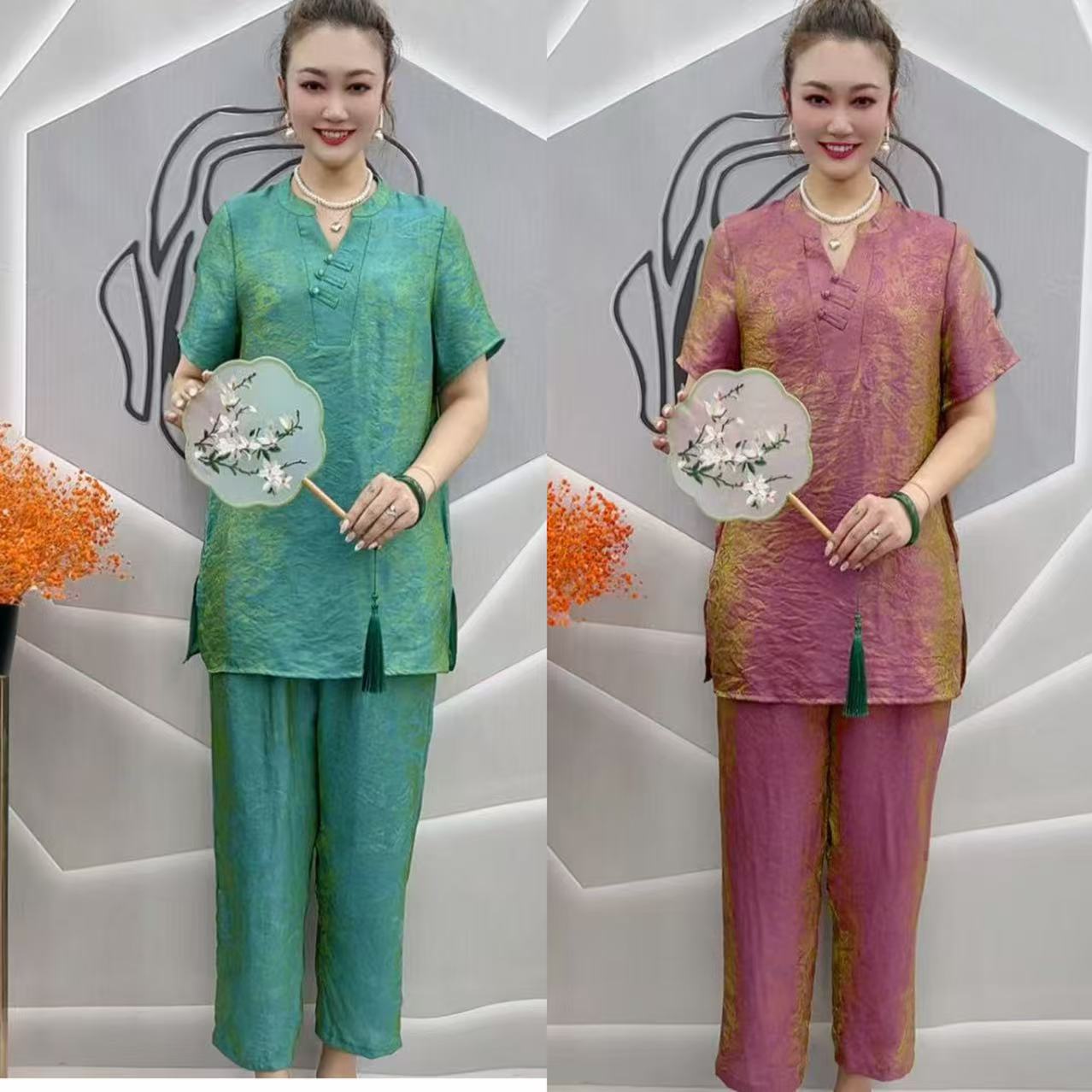 2565 琉璃炫彩减龄V领盘扣时尚妈妈上衣裤套装