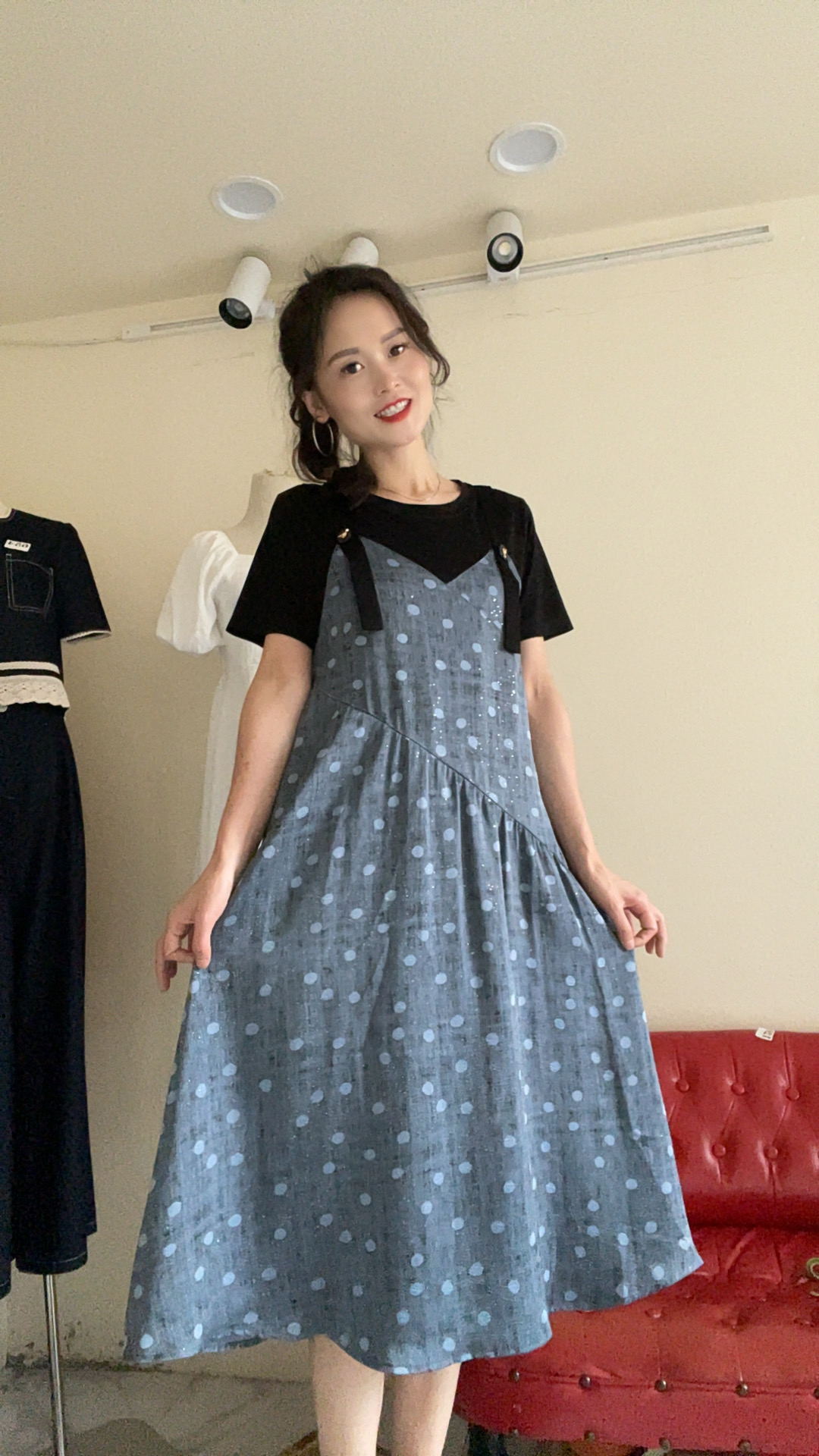 时尚韩版A字裙中长裙连衣裙夏季减龄裙子短袖印花气质背带宽松