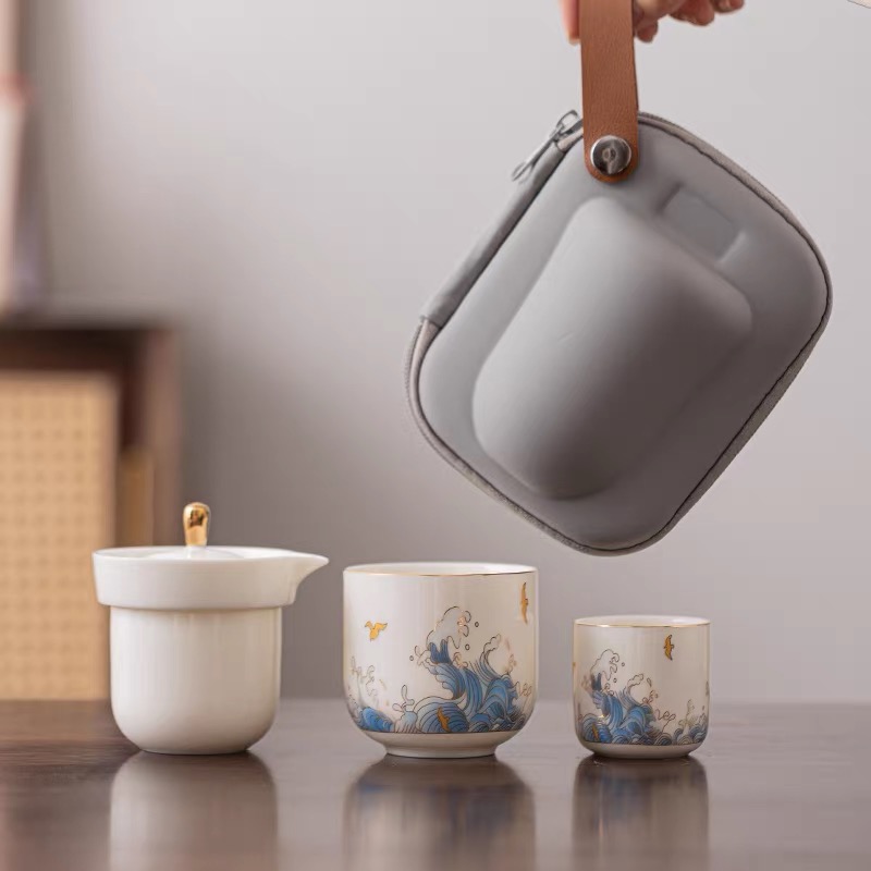 海浪旅行茶具便携式包简约防烫羊脂玉白瓷功夫套装陶瓷快客杯