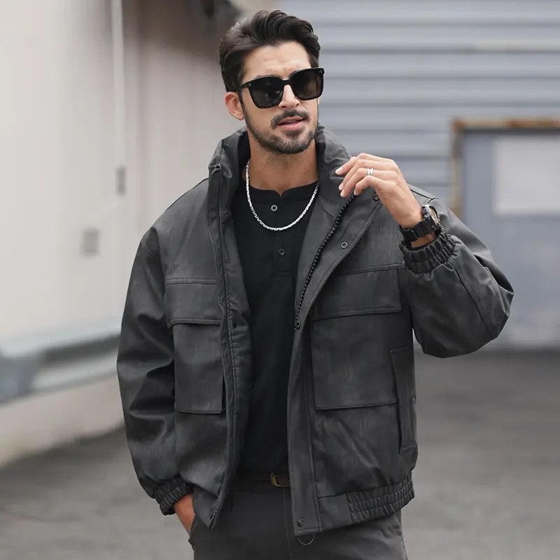 冬季90白鸭绒立领皮衣羽绒服男士时尚保暖美式复古加厚百搭外套