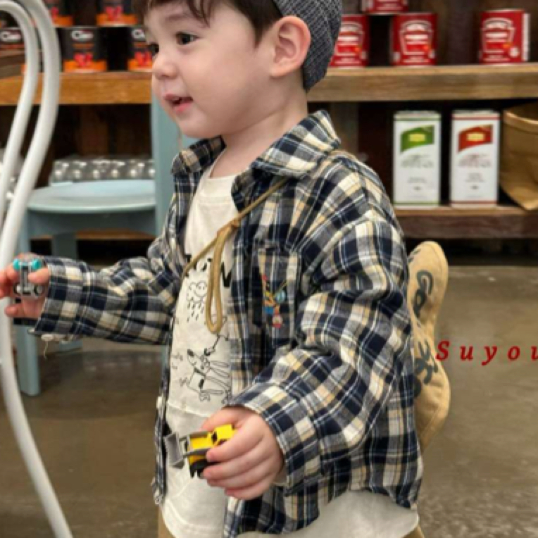 苏右男童春秋长袖格子衬衫新款洋气休闲时尚上衣