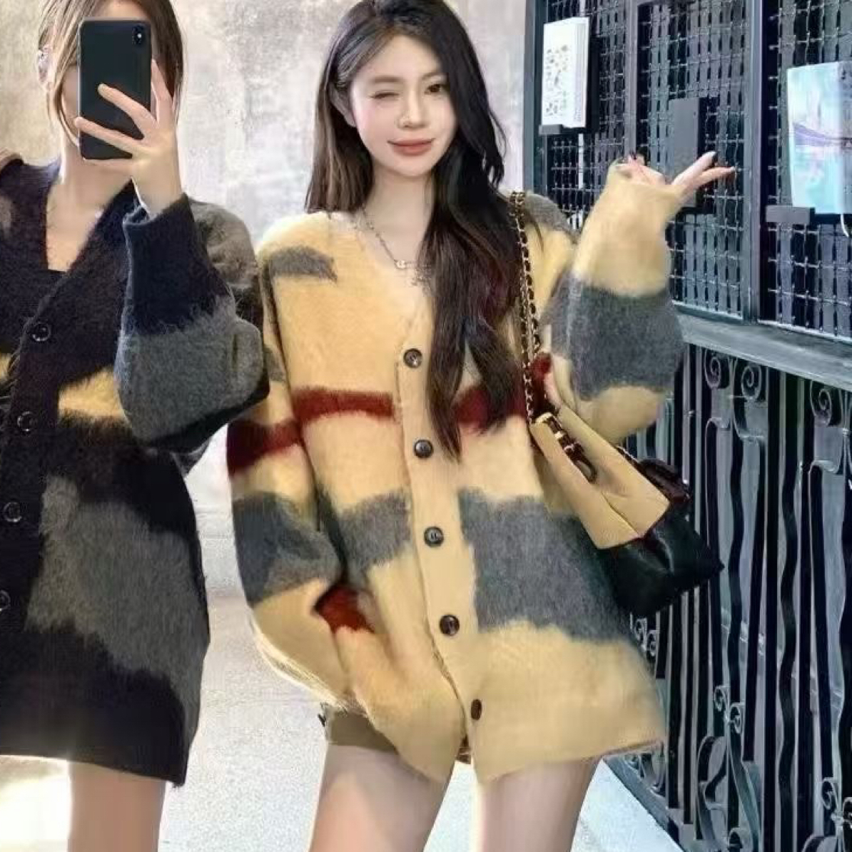 慵懒风拼色女针织毛针织开衫秋冬