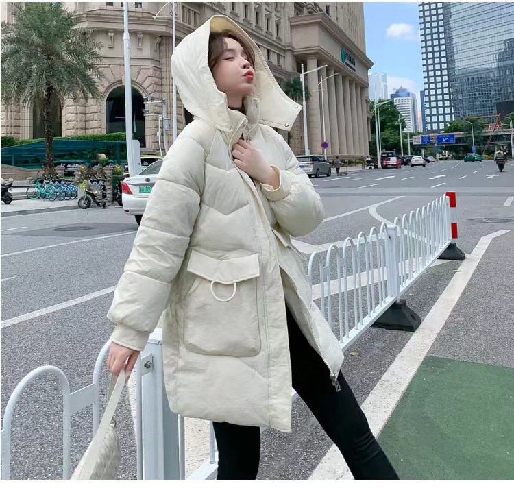 女装防寒保暖白鸭绒中长款宽松连帽羽绒服，特价