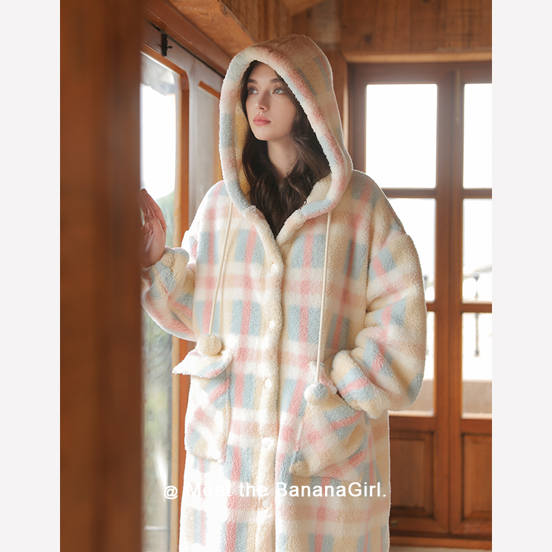 Bananagirl【梦幻之境】睡衣女秋冬季睡衣中长款连帽睡袍加厚加绒