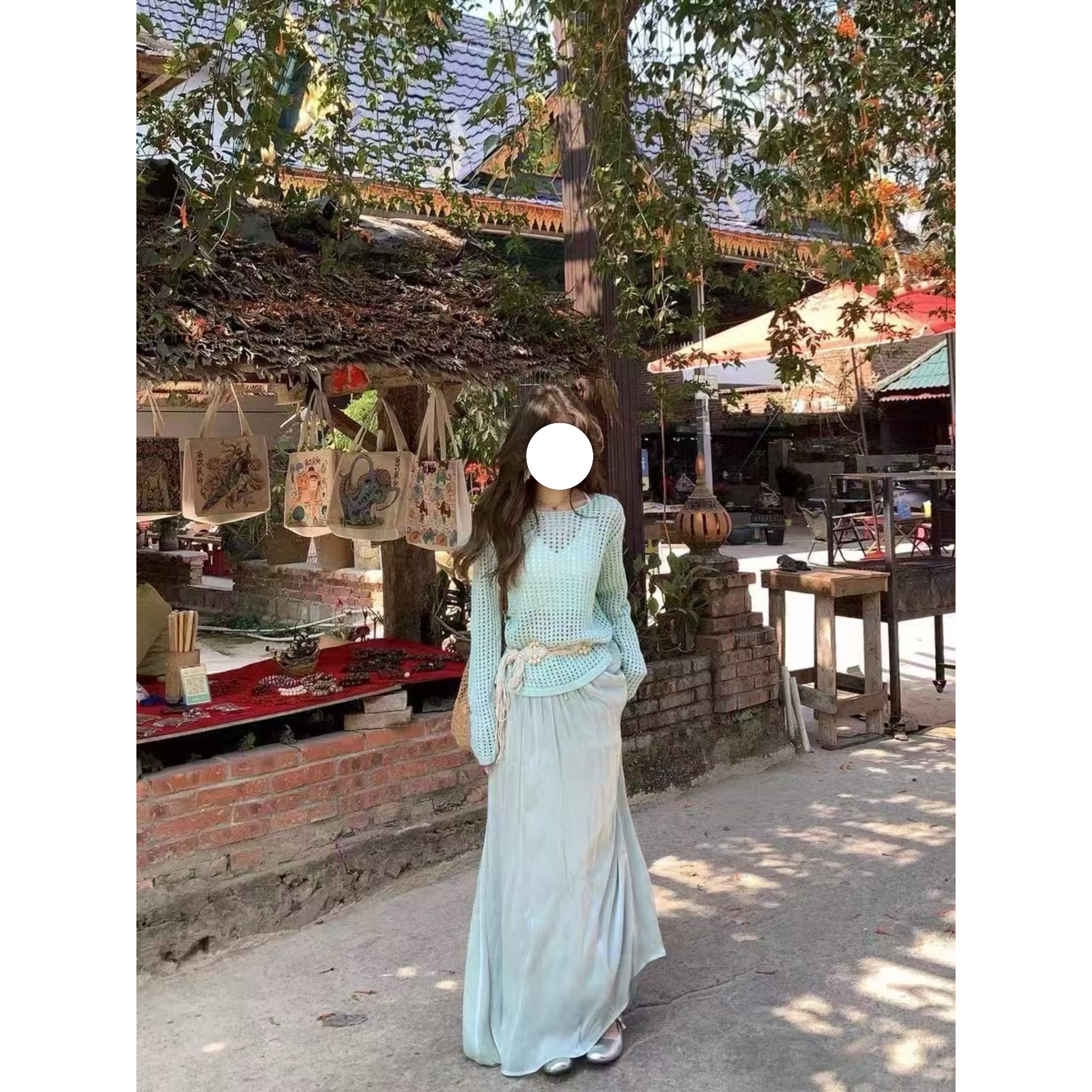 【DAMAI】镂空针织衫防晒上衣搭配流光感纱裙气质两件套夏季