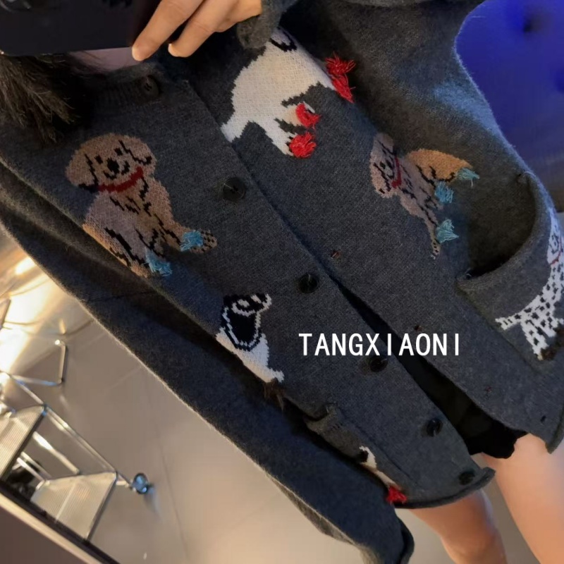 2店 【童趣小狗】七彩提花烟灰色开衫