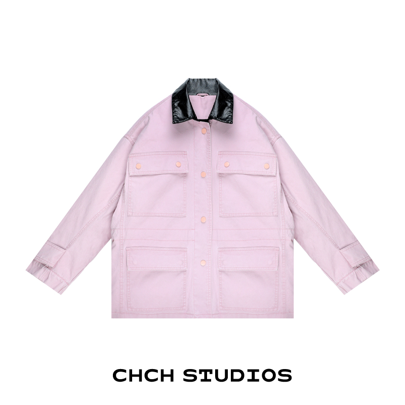 RAWT103667时尚简约翻领牛仔棉服2025冬季长袖大口袋工装外套女士