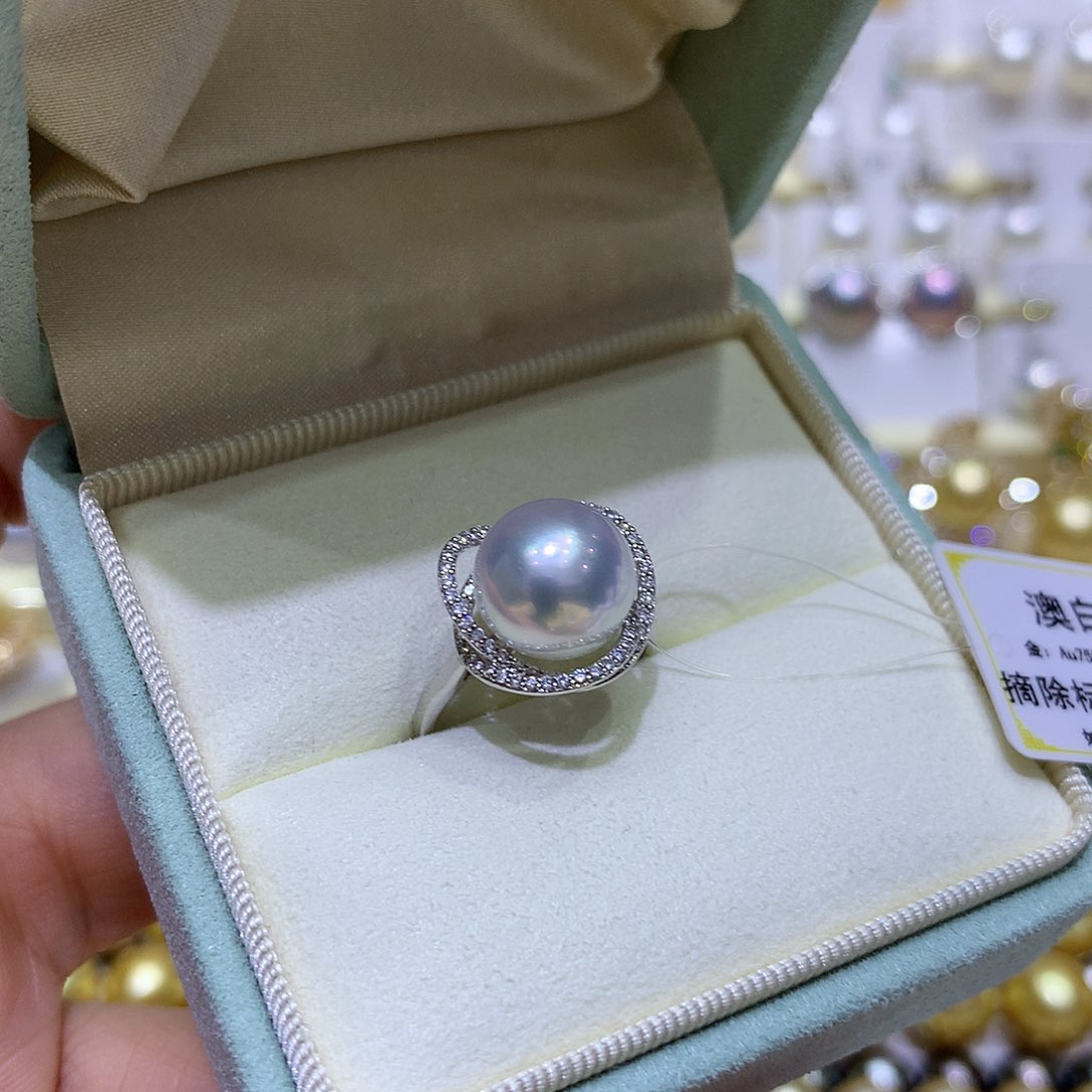 海水珍珠戒指18K金镶嵌11/12mm澳白