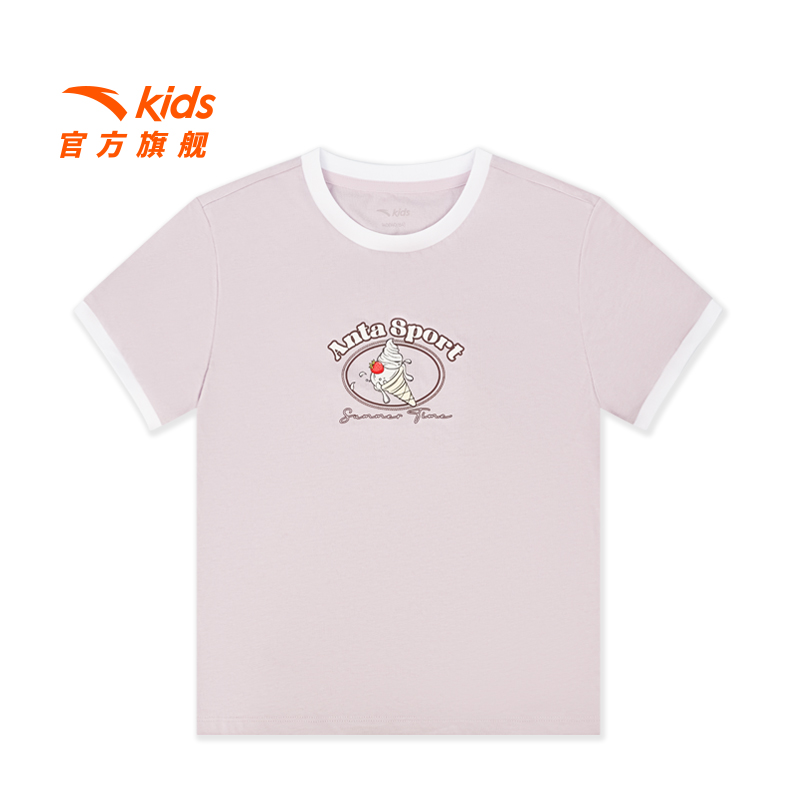 安踏儿童短袖衫女童25夏季新款奶油色印花T恤欧若风圆领运动上衣