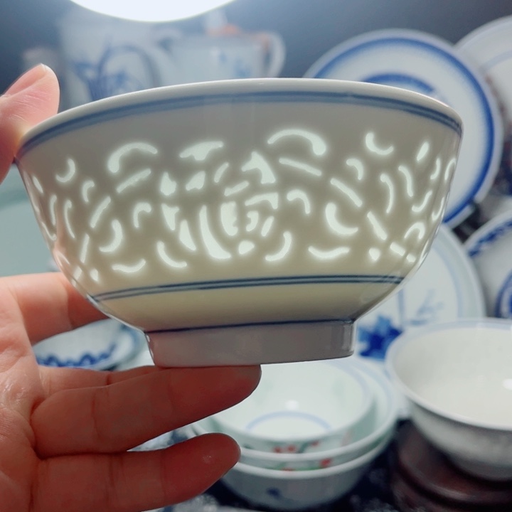 青花玲珑5寸饭碗满雕双福双线