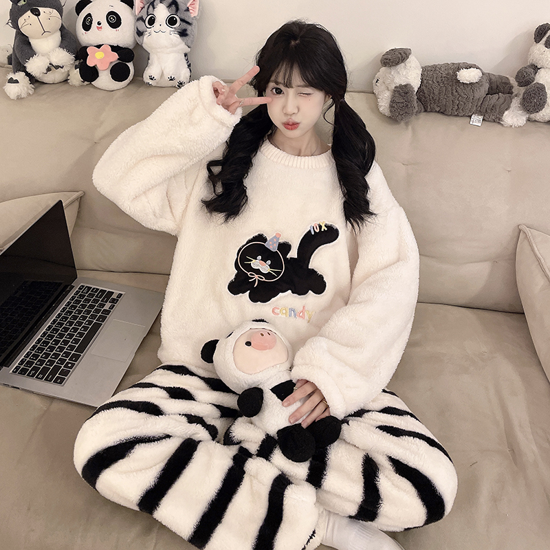 【圣诞黑猫】2025新款秋冬季睡衣女家居服卡通保暖加绒加厚可外穿1