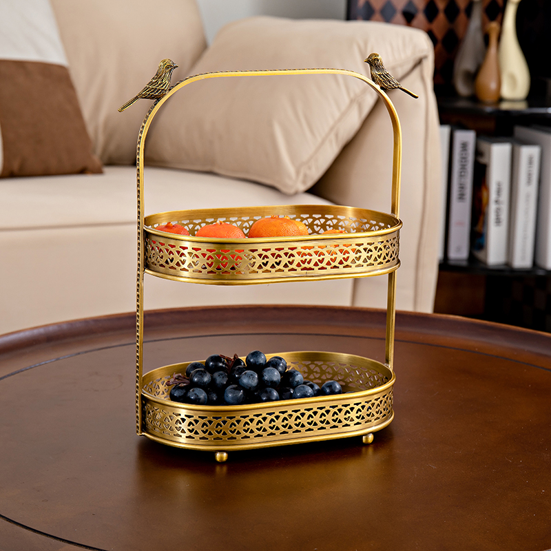 D3150 双层铜复古果篮置物架可摆放糖果零食高颜值客厅茶几置物架