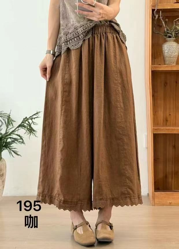 夏季薄款花边文艺宽松纯亚麻休闲裤女九分大版阔腿棉麻裤