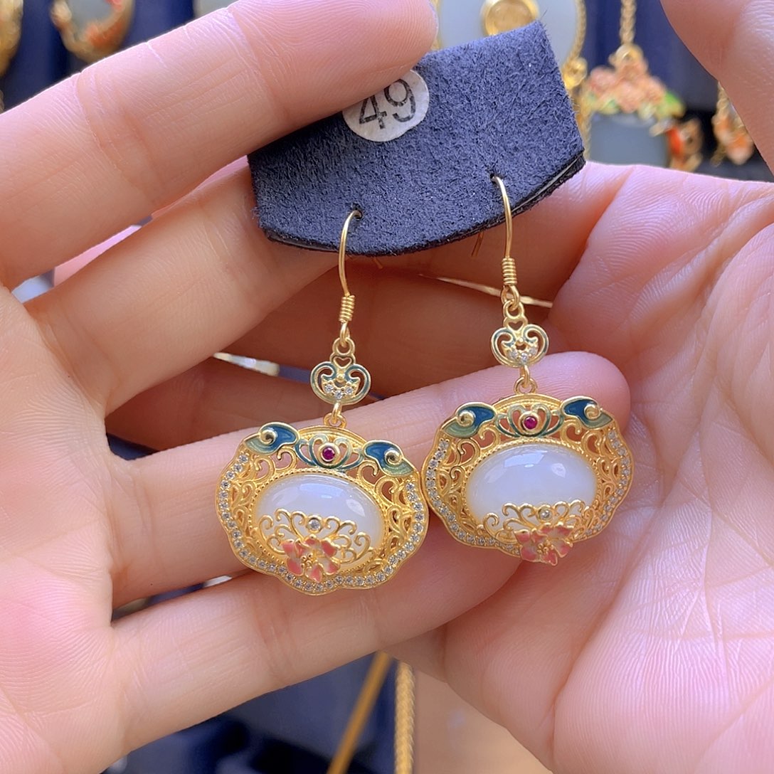 和田玉耳饰银S925镀金镶嵌