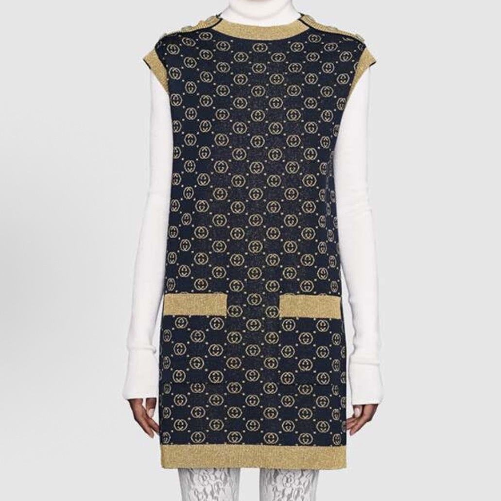 99新 GUCCI/古驰 TW0298/S码/拼色圆领宽松中长款无袖连衣裙