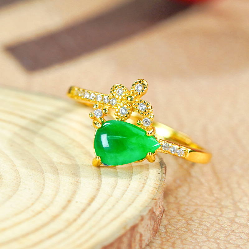 天然翡翠A货银镶嵌时尚好看花朵设计冰润满绿翡翠龙石水滴戒指