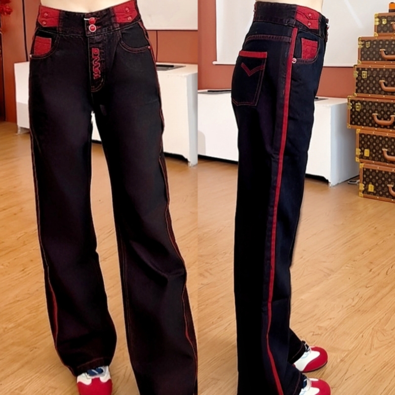 柯米儿KMKM80012阔腿裤红黑色拼接刺绣牛仔裤