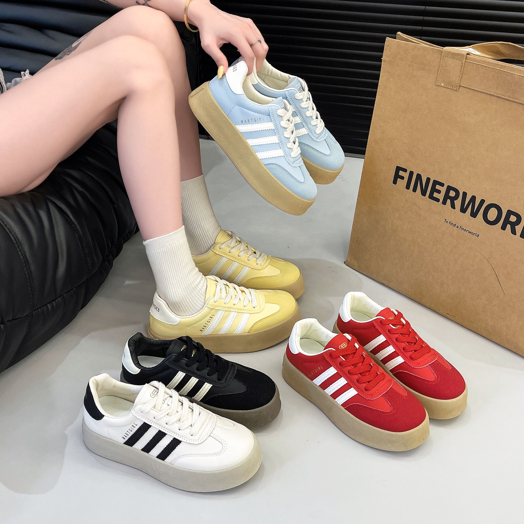 爆款复古网皮面透气德训2025秋季新款百搭厚底运动休闲板鞋