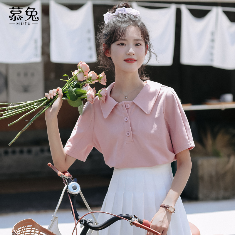 慕兔韩版小个子短袖t恤女2024夏季新款设计感小众Polo领辣妹上衣