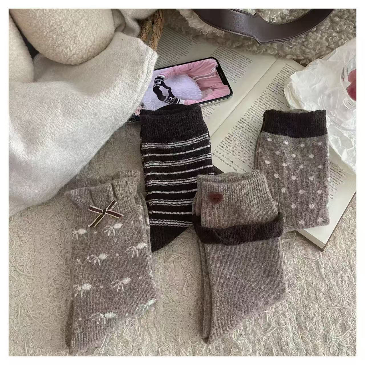 美拉德咖色灰色系绵羊毛亲肤保暖女袜四双装