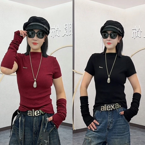 阿珍服饰店 秋款新款时尚百搭带袖套T恤#007