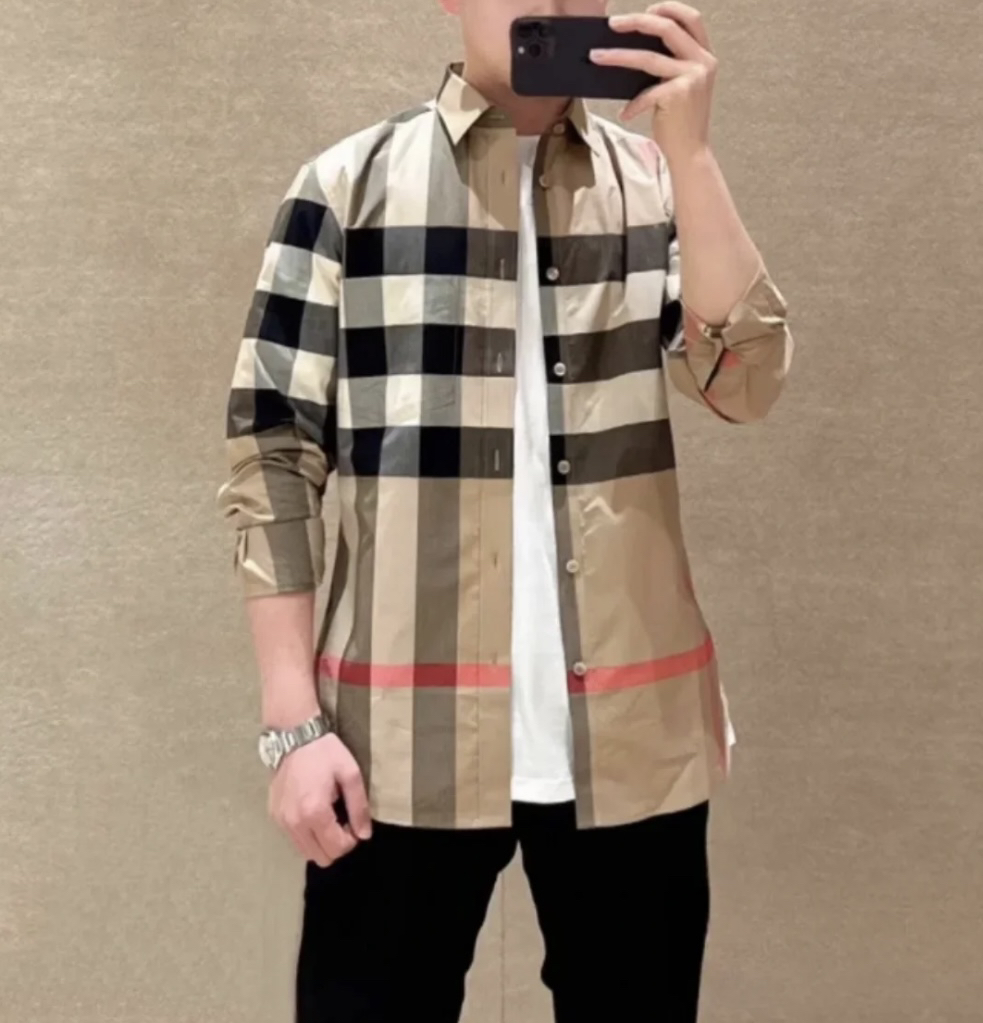 全新未使用 BURBERRY/博柏利 经典卡其拼色大格纹条纹 长袖衬衫