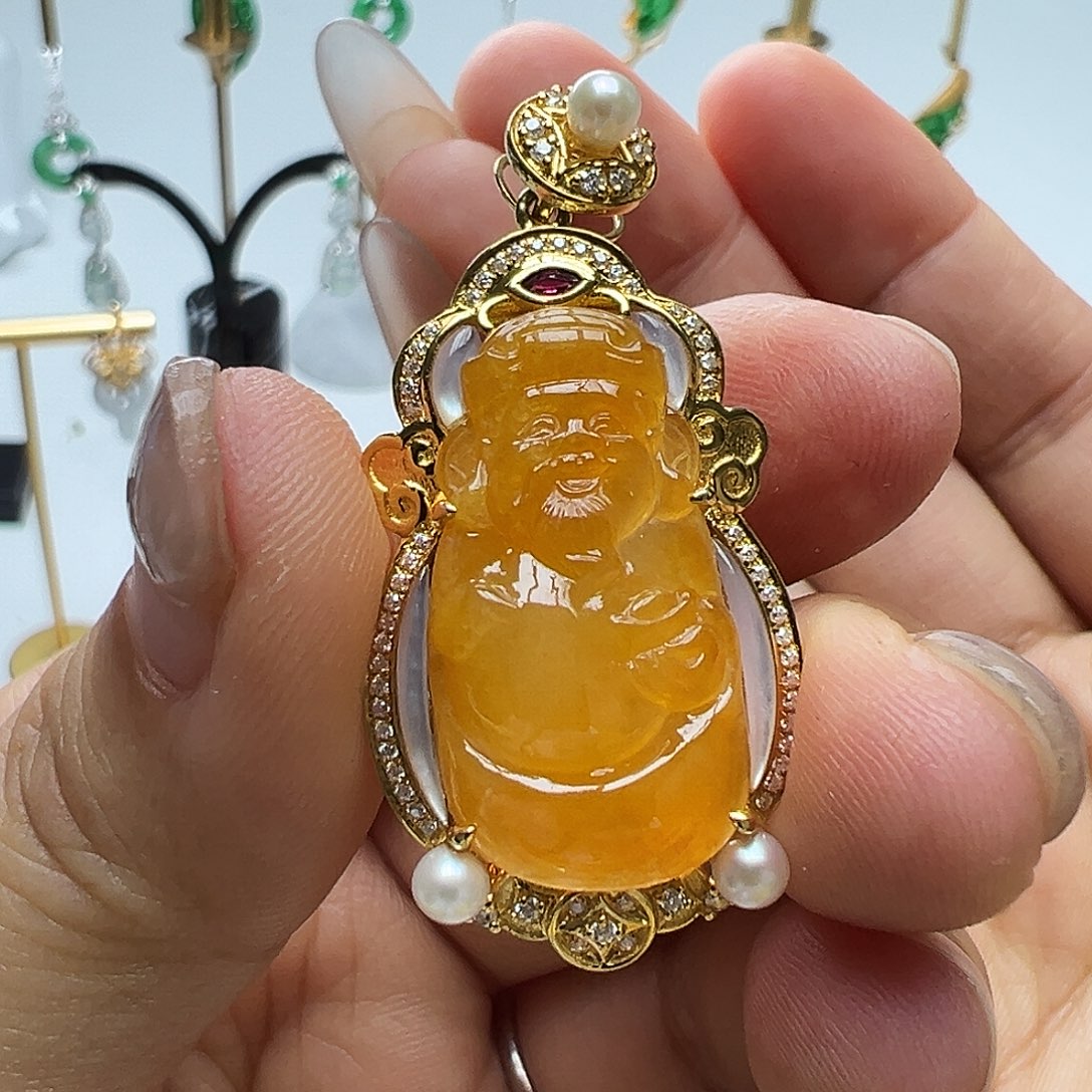 *****翡翠18K金镶嵌颈饰天然缅甸A货翡翠